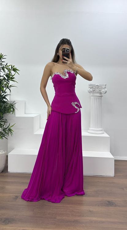 Fuşya Straplez  Asimetrik Desen Taşlı Abiye Tulum