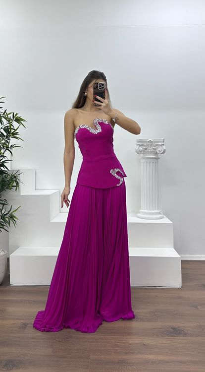 Fuşya Straplez  Asimetrik Desen Taşlı Abiye Tulum