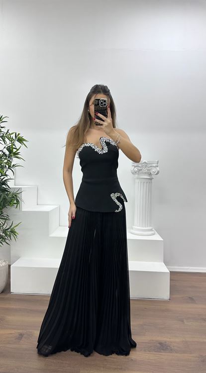 Siyah Straplez  Asimetrik Desen Taşlı Abiye Tulum