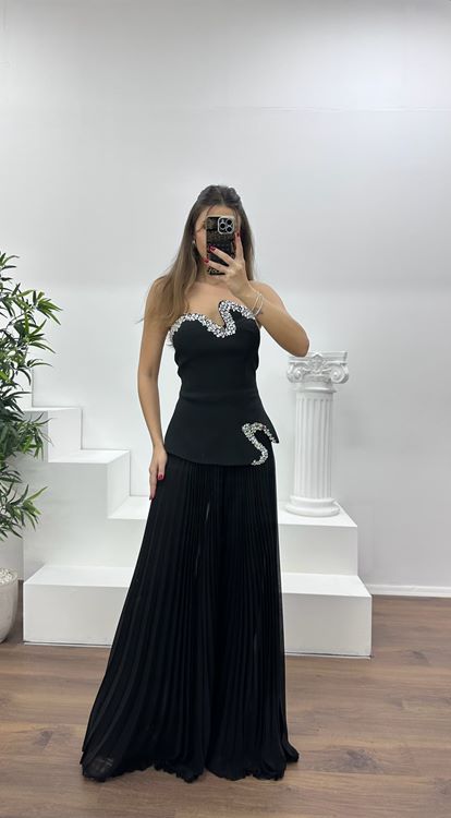 Siyah Straplez  Asimetrik Desen Taşlı Abiye Tulum