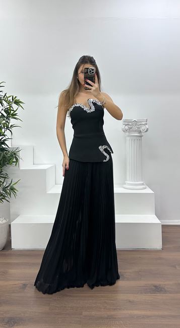 Siyah Straplez  Asimetrik Desen Taşlı Abiye Elbise