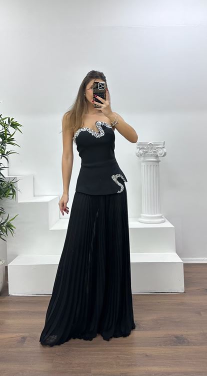 Siyah Straplez  Asimetrik Desen Taşlı Abiye Tulum