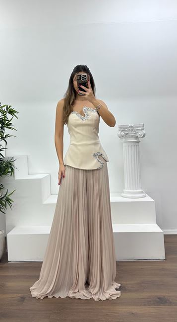 Bej Straplez  Asimetrik Desen Taşlı Abiye Elbise