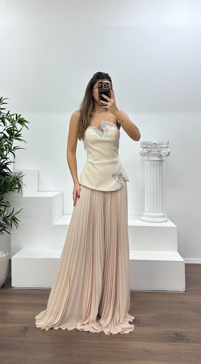 Bej Straplez  Asimetrik Desen Taşlı Abiye Tulum