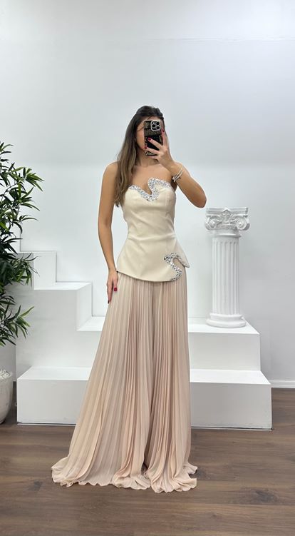 Bej Straplez  Asimetrik Desen Taşlı Abiye Tulum