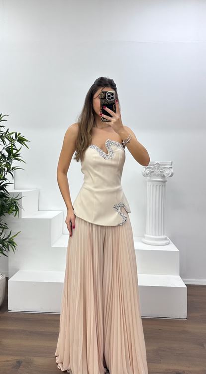 Bej Straplez  Asimetrik Desen Taşlı Abiye Tulum