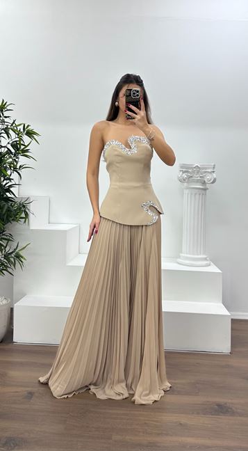 Taş Straplez  Asimetrik Desen Taşlı Abiye Elbise
