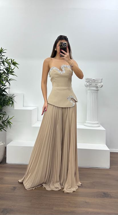 Taş Straplez  Asimetrik Desen Taşlı Abiye Tulum