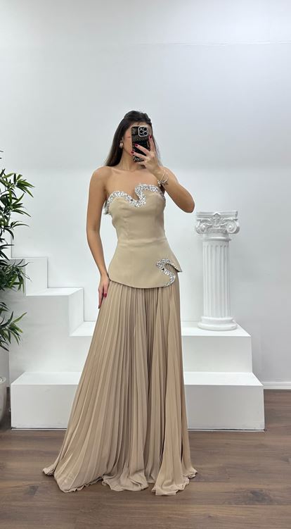 Taş Straplez  Asimetrik Desen Taşlı Abiye Tulum