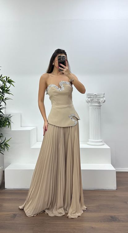 Taş Straplez  Asimetrik Desen Taşlı Abiye Tulum