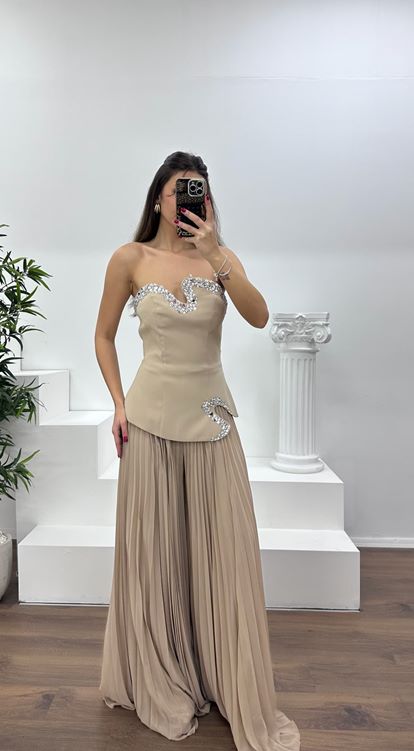 Taş Straplez  Asimetrik Desen Taşlı Abiye Tulum