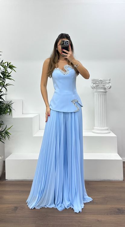 Bebe Mavi Straplez  Asimetrik Desen Taşlı Abiye Tulum