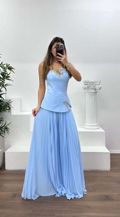 Bebe Mavi Straplez  Asimetrik Desen Taşlı Abiye Tulum