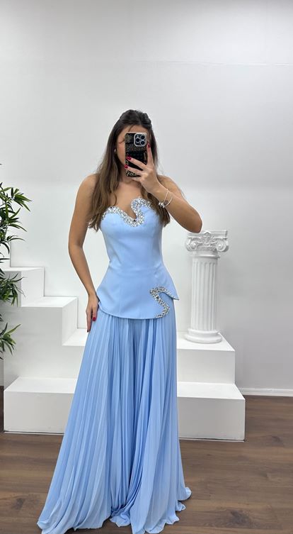 Bebe Mavi Straplez  Asimetrik Desen Taşlı Abiye Tulum