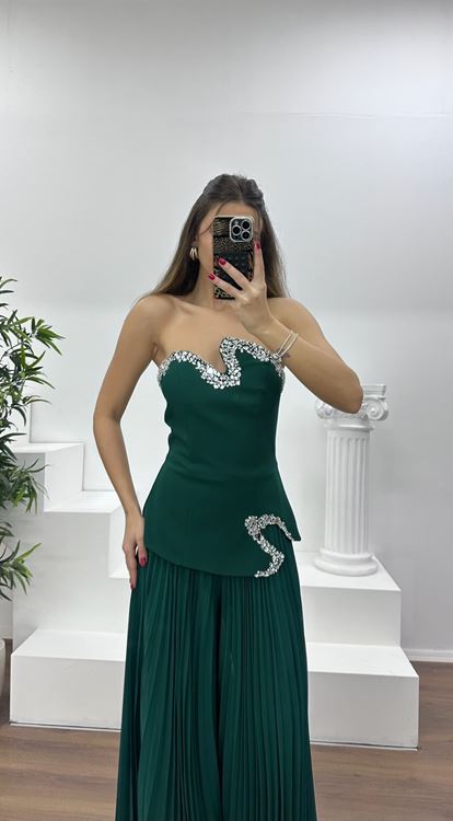 Zümrüt Straplez  Asimetrik Desen Taşlı Abiye Tulum