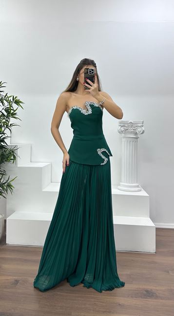 Zümrüt Straplez  Asimetrik Desen Taşlı Abiye Elbise