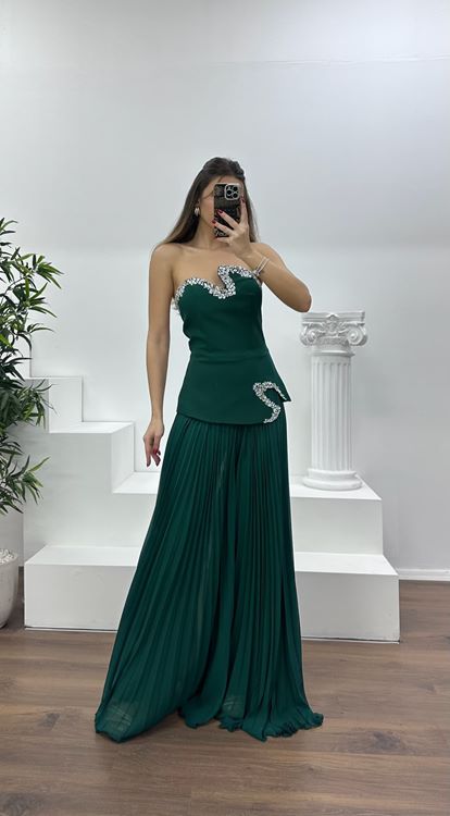 Zümrüt Straplez  Asimetrik Desen Taşlı Abiye Tulum