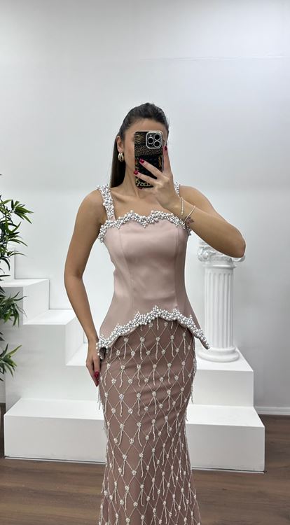 Cappuccıno Kare Yaka Boncuklu Uzun Abiye Elbise