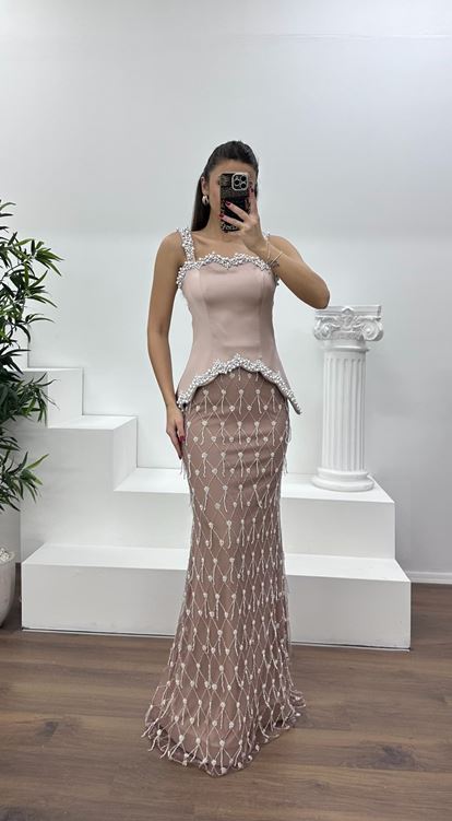 Cappuccıno Kare Yaka Boncuklu Uzun Abiye Elbise