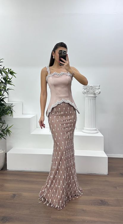 Cappuccıno Kare Yaka Boncuklu Uzun Abiye Elbise