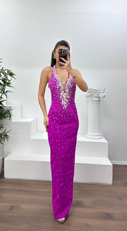 Fuşya Halter Yaka Taş Detay Abiye Elbise