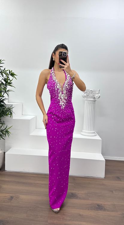 Fuşya Halter Yaka Taş Detay Abiye Elbise