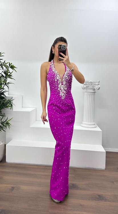 Fuşya Halter Yaka Taş Detay Abiye Elbise