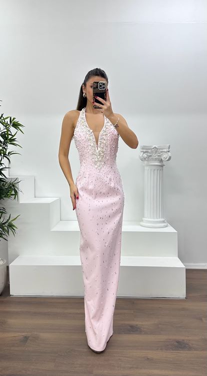 Pudra Halter Yaka Taş Detay Abiye Elbise
