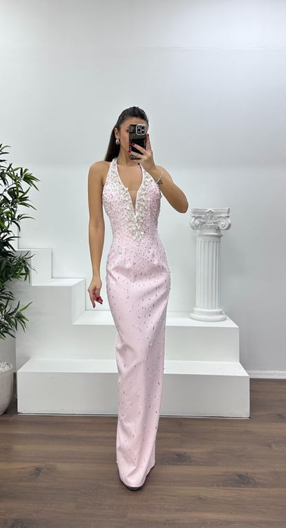 Pudra Halter Yaka Taş Detay Abiye Elbise