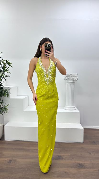 Fıstık Yeşili Halter Yaka Taş Detay Abiye Elbise