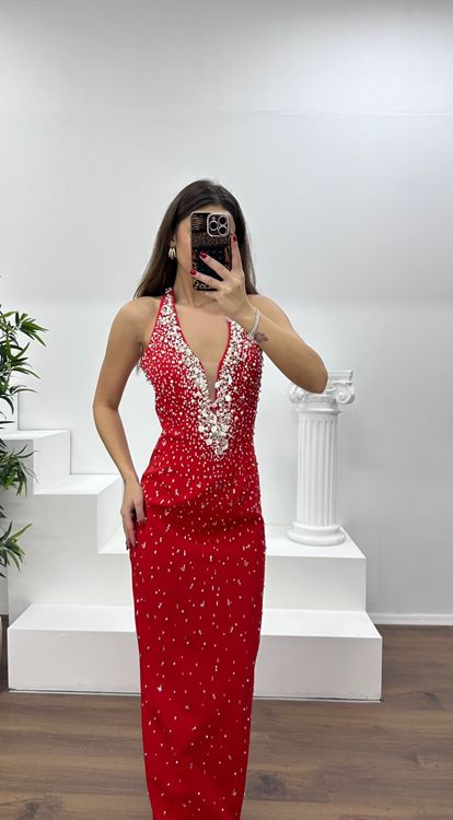 Oranj Halter Yaka Taş Detay Abiye Elbise