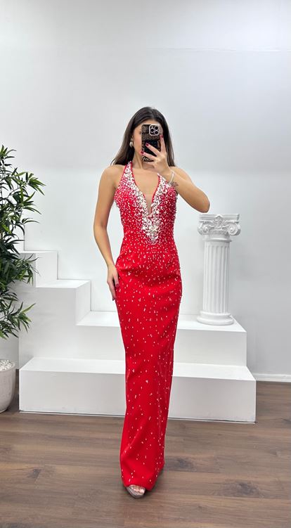 Oranj Halter Yaka Taş Detay Abiye Elbise