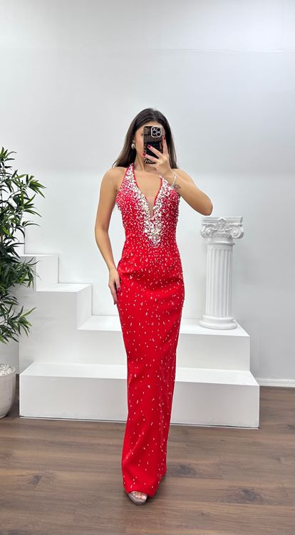 Oranj Halter Yaka Taş Detay Abiye Elbise