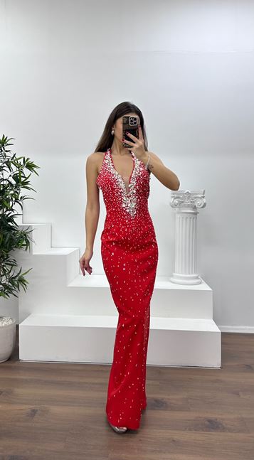 Oranj Halter Yaka Taş Detay Abiye Elbise