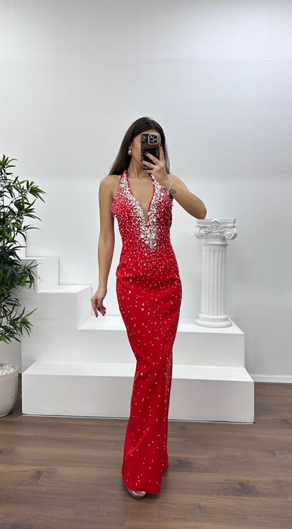 Oranj Halter Yaka Taş Detay Abiye Elbise