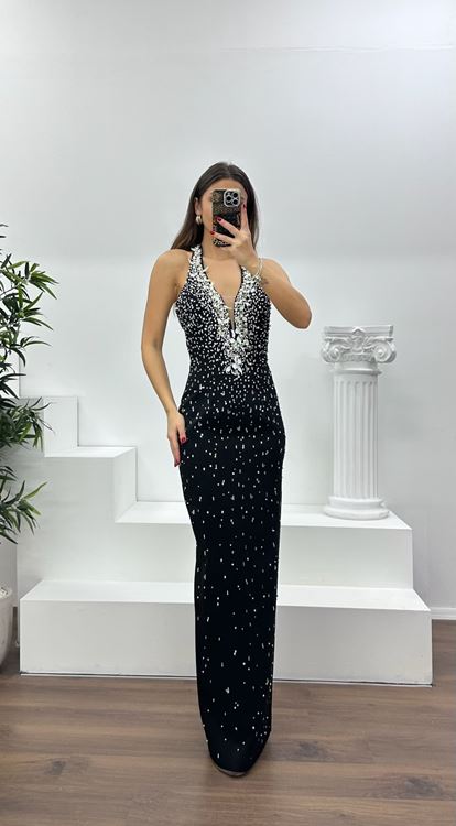 Siyah Halter Yaka Taş Detay Abiye Elbise