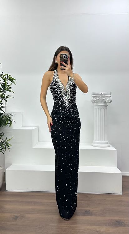 Siyah Halter Yaka Taş Detay Abiye Elbise