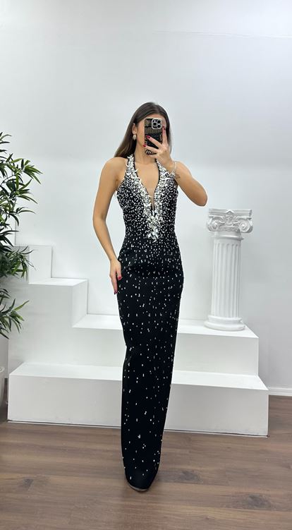 Siyah Halter Yaka Taş Detay Abiye Elbise