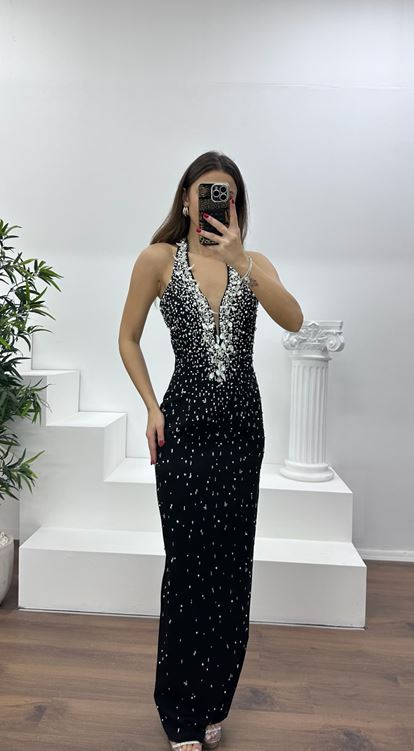 Siyah Halter Yaka Taş Detay Abiye Elbise