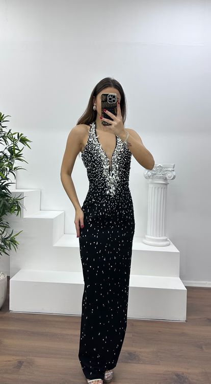 Siyah Halter Yaka Taş Detay Abiye Elbise