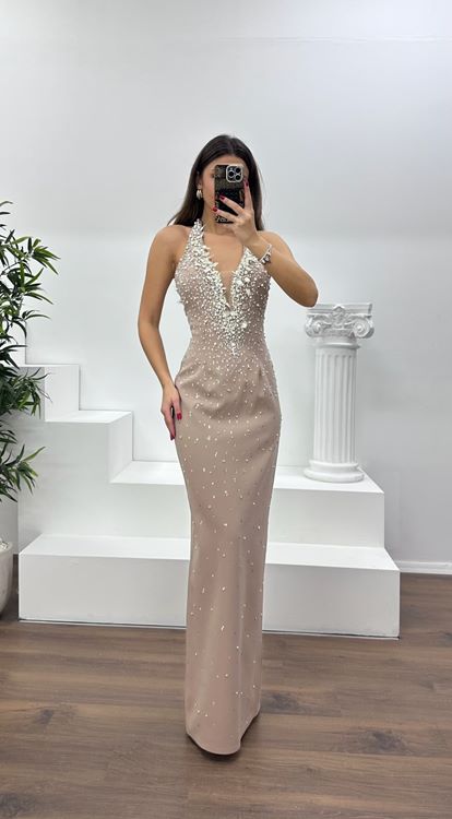 Taş Halter Yaka Taş Detay Abiye Elbise