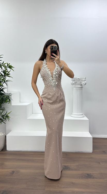 Taş Halter Yaka Taş Detay Abiye Elbise