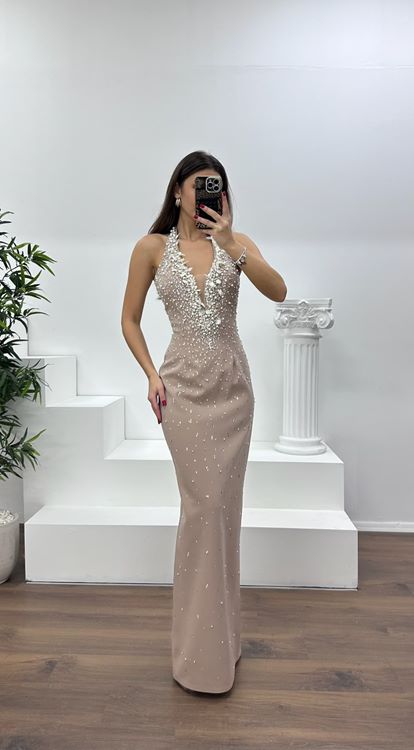Taş Halter Yaka Taş Detay Abiye Elbise