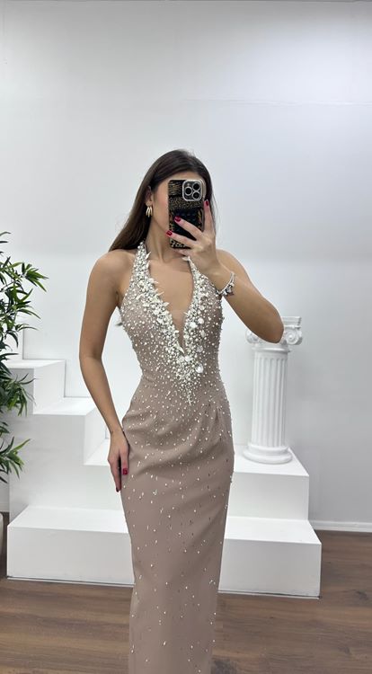 Taş Halter Yaka Taş Detay Abiye Elbise