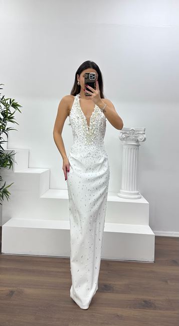 Kemik Halter Yaka Taş Detay Abiye Elbise