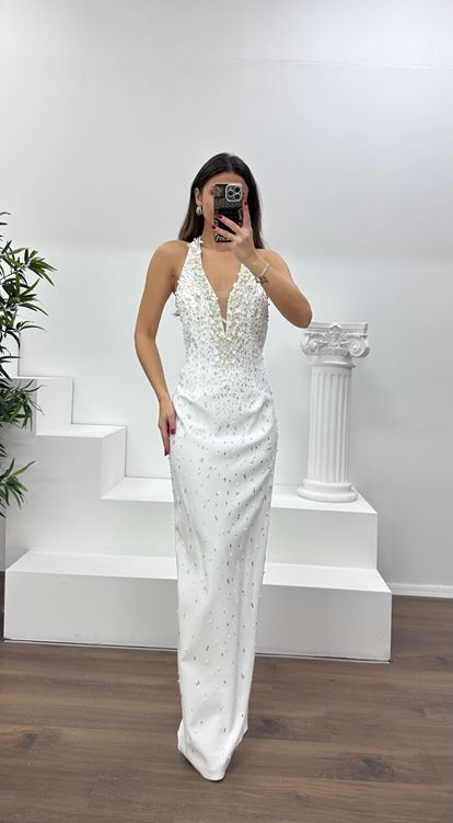 Kemik Halter Yaka Taş Detay Abiye Elbise