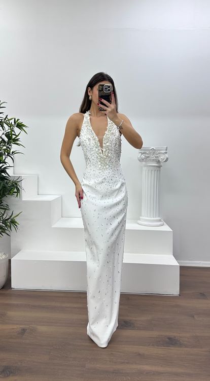 Kemik Halter Yaka Taş Detay Abiye Elbise