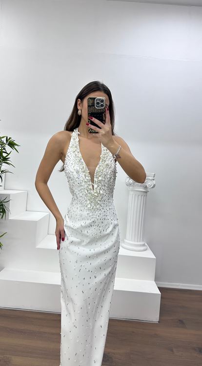 Kemik Halter Yaka Taş Detay Abiye Elbise