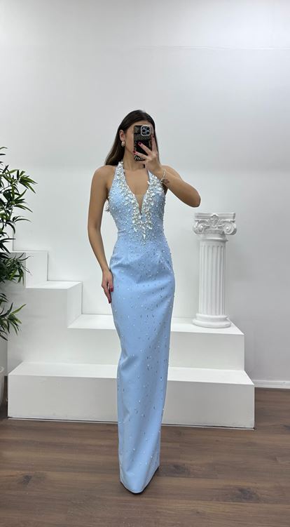Bebe Mavi Halter Yaka Taş Detay Abiye Elbise