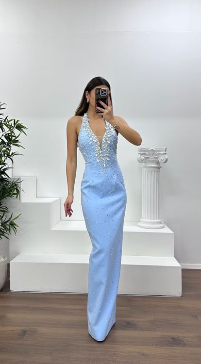 Bebe Mavi Halter Yaka Taş Detay Abiye Elbise